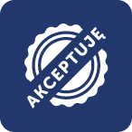 Grafika z niebieskim znaczkiem z napisem AKCEPTUJĘ w białym kolorze na białym tle w kształcie pieczęci.