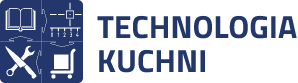 Logo Technologia Kuchni z ikonami książki, narzędzi, koszyka i diagrama na granatowym tle.