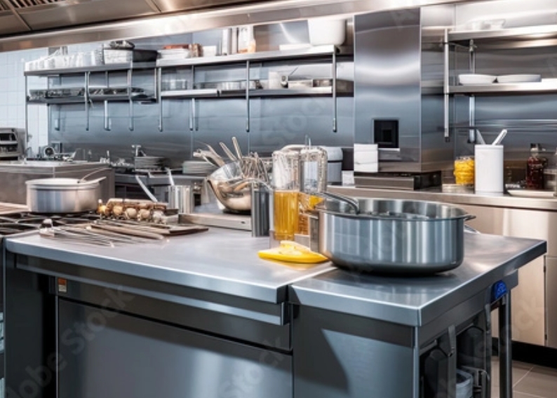 Nowoczesna kuchnia restauracyjna z metalowymi blatami i półkami, pełna naczyń i sprzętów kuchennych.