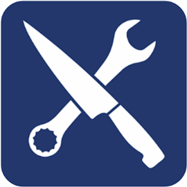 Ikony skrzyżowanych narzędzi: klucza i noża na granatowym tle.