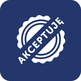 Niebieska ikona ze stemplem i białym napisem AKCEPTUJĘ w centrum, otoczona okrągłym wzorem.