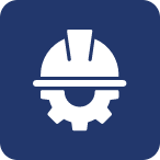 Ikona z kaskiem ochronnym na tle zębatki, symbolizująca inżynierię lub bezpieczeństwo w pracy. Tło w kolorze granatowym.