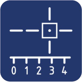 Ikona z białym okręgiem i liniami przecinającymi się w centrum, z numerowaną podziałką na niebieskim tle.