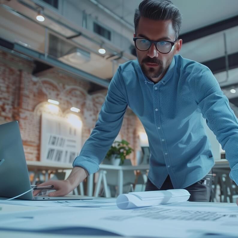 Mężczyzna w okularach pracuje przy biurku, pochylony nad laptopem i rysunkami w nowoczesnym biurze z ceglaną ścianą.