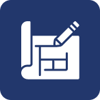 Ikona przedstawia plan architektoniczny z ołówkiem, symbolizująca projektowanie i rysunek techniczny.