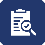 Ikona z białą listą kontrolną i lupą z zaznaczeniem na niebieskim tle.