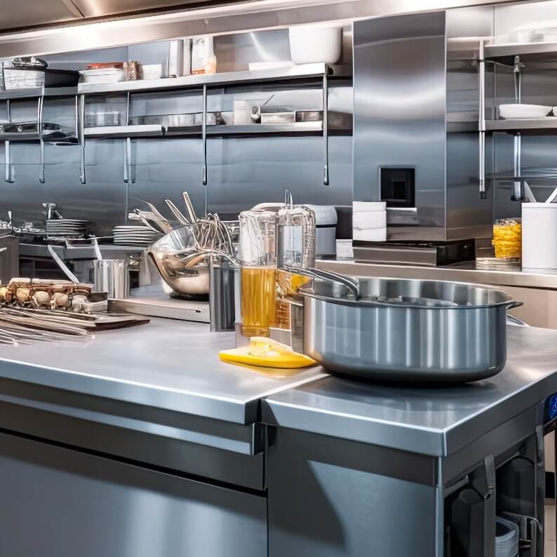 Profesjonalna kuchnia z metalowymi blatami i sprzętem kuchennym, w tym garnki i przybory kuchenne.