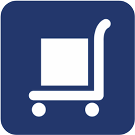 Ikona białej taczki z pudełkiem na granatowym tle. Symbol transportu lub logistyki.